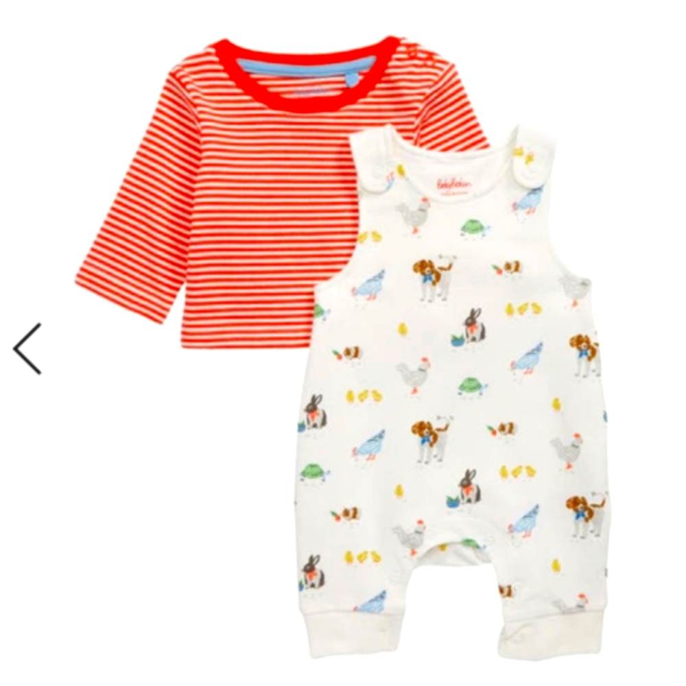 Mini Boden "farm friends"  romper and matching long sleeve shirt, size 9-12m